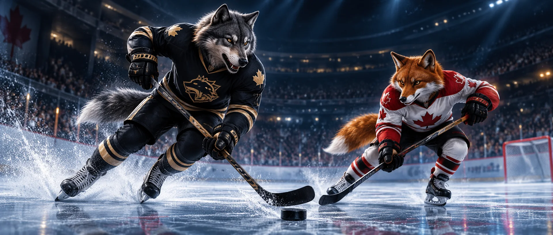 Wolf and fox competing for the puck during an ice hockey game