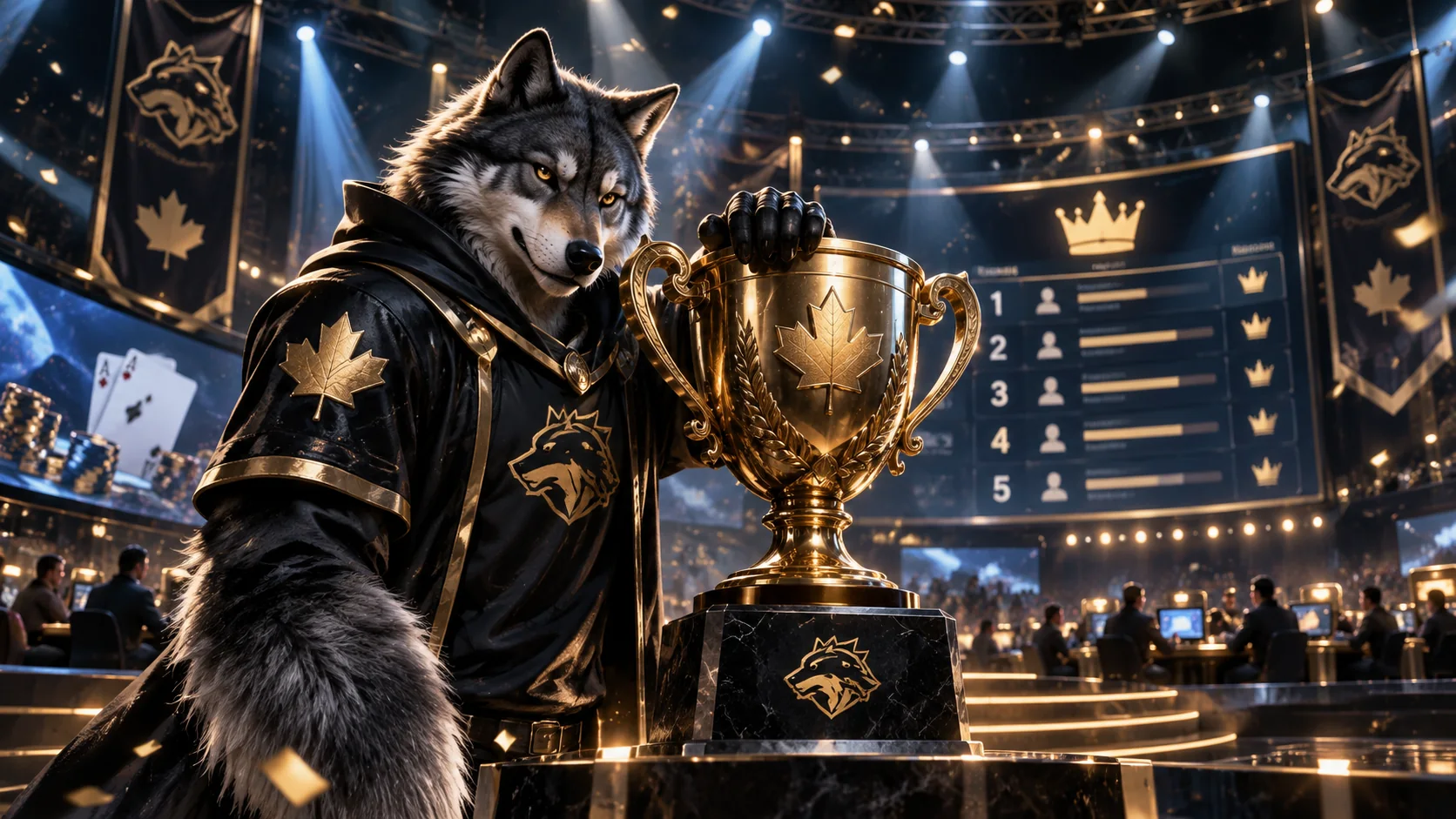 Slotwolf Casino wolf beside a championship trophy in a casino tournament arena